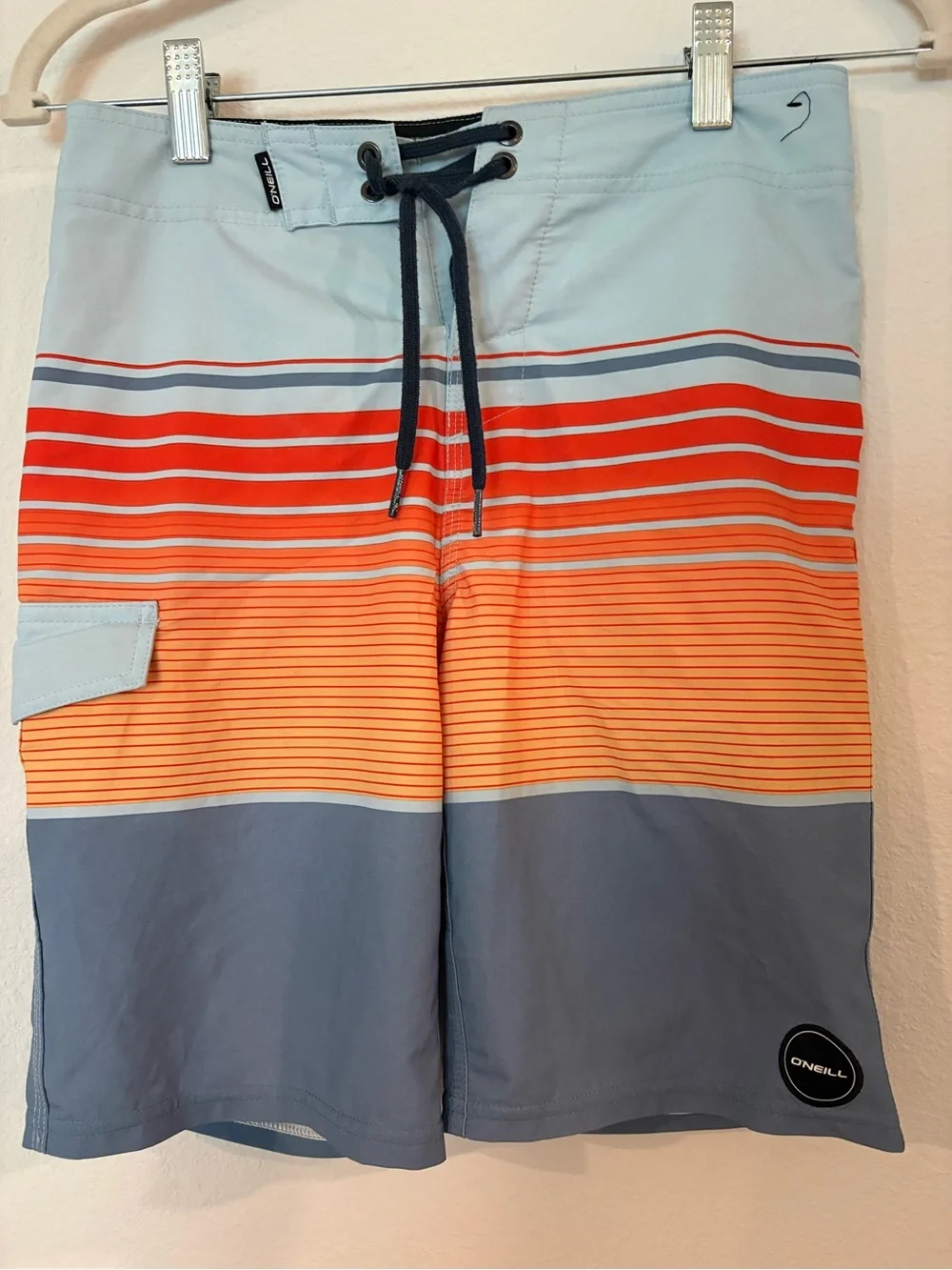O'Neill Men's Sky Blue, Orange & Gray Striped Boardshorts, size 25